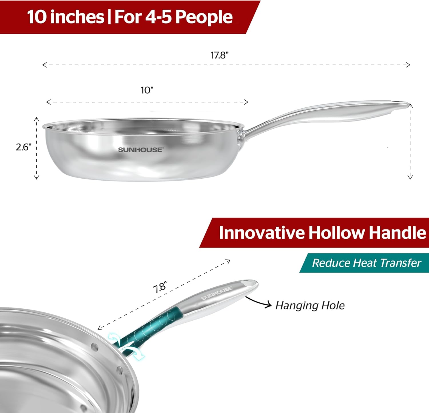 Sunhouse 10 Inch 18/10 Chef Series Stainless Steel Frying Pan, Tri-Ply Stainless Steel Construction, PFOA-FREE, Stay-Cool Handle, Induction Compatible with All Cooktops, Dishwasher Safe