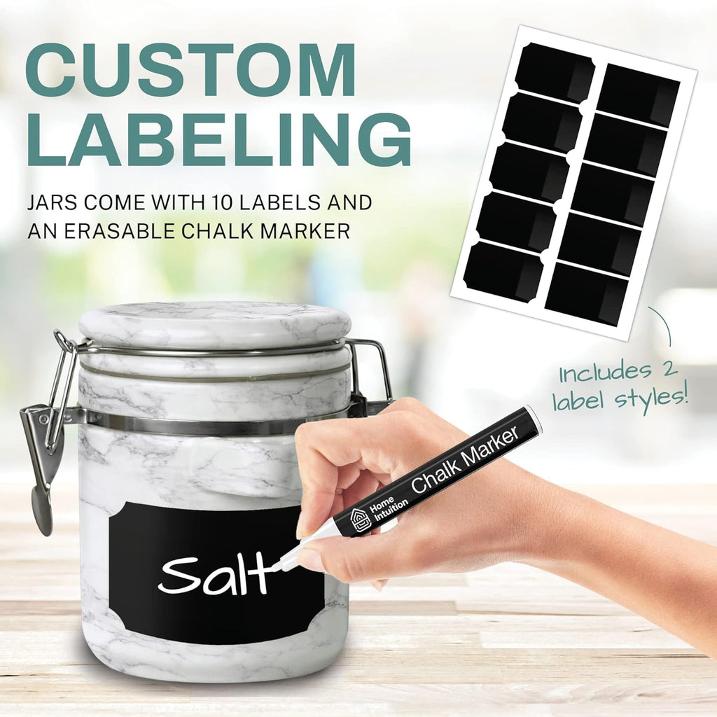 Home Intuition 4-Piece Ceramic Kitchen Canisters Set, Airtight Containers with Wooden Spoons Reusable Chalk Labels and Marker for Sugar, Coffee, Flour, Tea (White Marble)