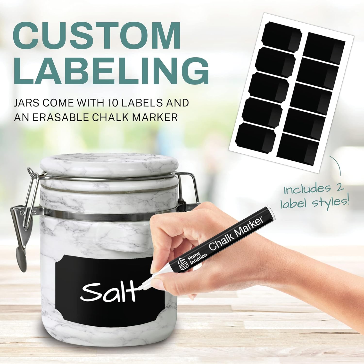 Home Intuition 4-Piece Ceramic Kitchen Canisters Set, Airtight Containers with Wooden Spoons Reusable Chalk Labels and Marker for Sugar, Coffee, Flour, Tea (White Marble)