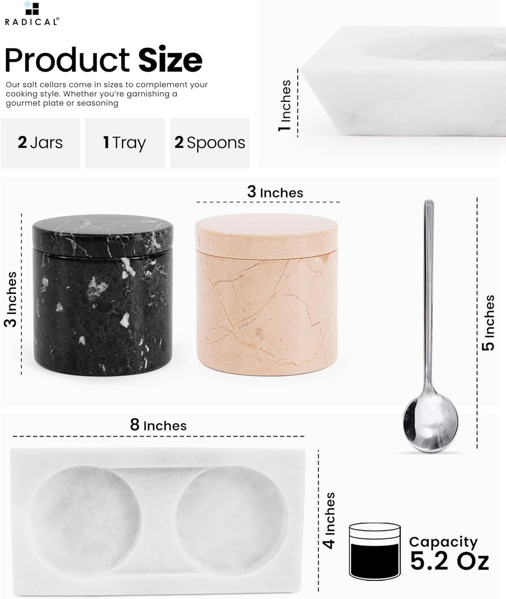 Radicaln Marble Salt Cellar With Lid and Tray 3" Inches Handmade Verona and Black Spice Jar For Kitchen Countertop, Ideal Set of 2 Salt bowl For Home