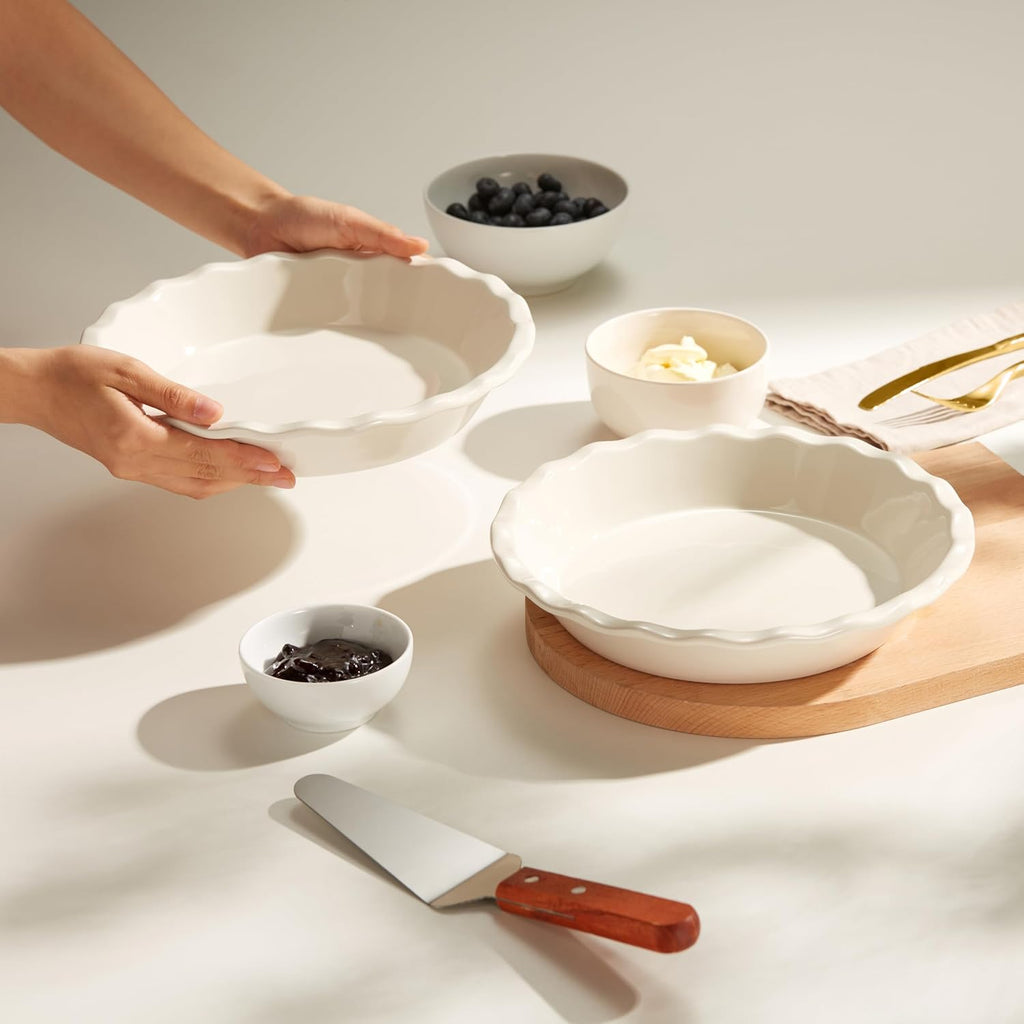 KooK Pie Pan, Ceramic Reusable Round Pie Dish, Quiche Baking Dish, Deep, Wave Edge, For Cakes, Tart, Casseroles, Tarts, Microwave, Oven and Dishwasher Safe, 9-Inch, 36 oz, Set of 2, Ivory