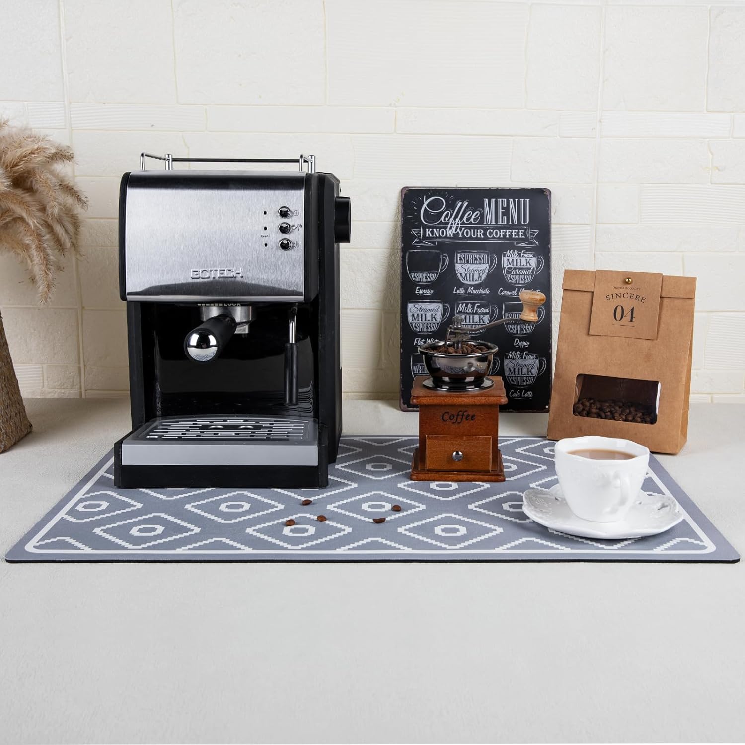 SUEH DESIGN Dish Drying Mat, Absorbent Coffee Mat 23.6 x 15.7 in Quick Dry Kitchen Drying Dish Drain Mat for Kitchen Counter Coffee Bar, Gray