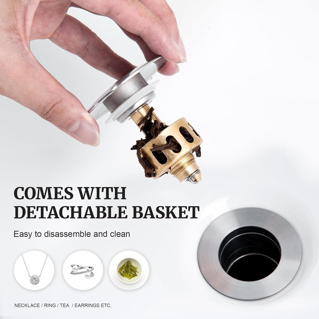 Pop up Sink Drain Stopper Without Overflow Brushed Nickel for Bathroom Vessel Vanity Sink Art Basin, Big Cap Sink Drain Without Overflow, Metal Pop-up Drain Strainer with Detachable Basket Stopper