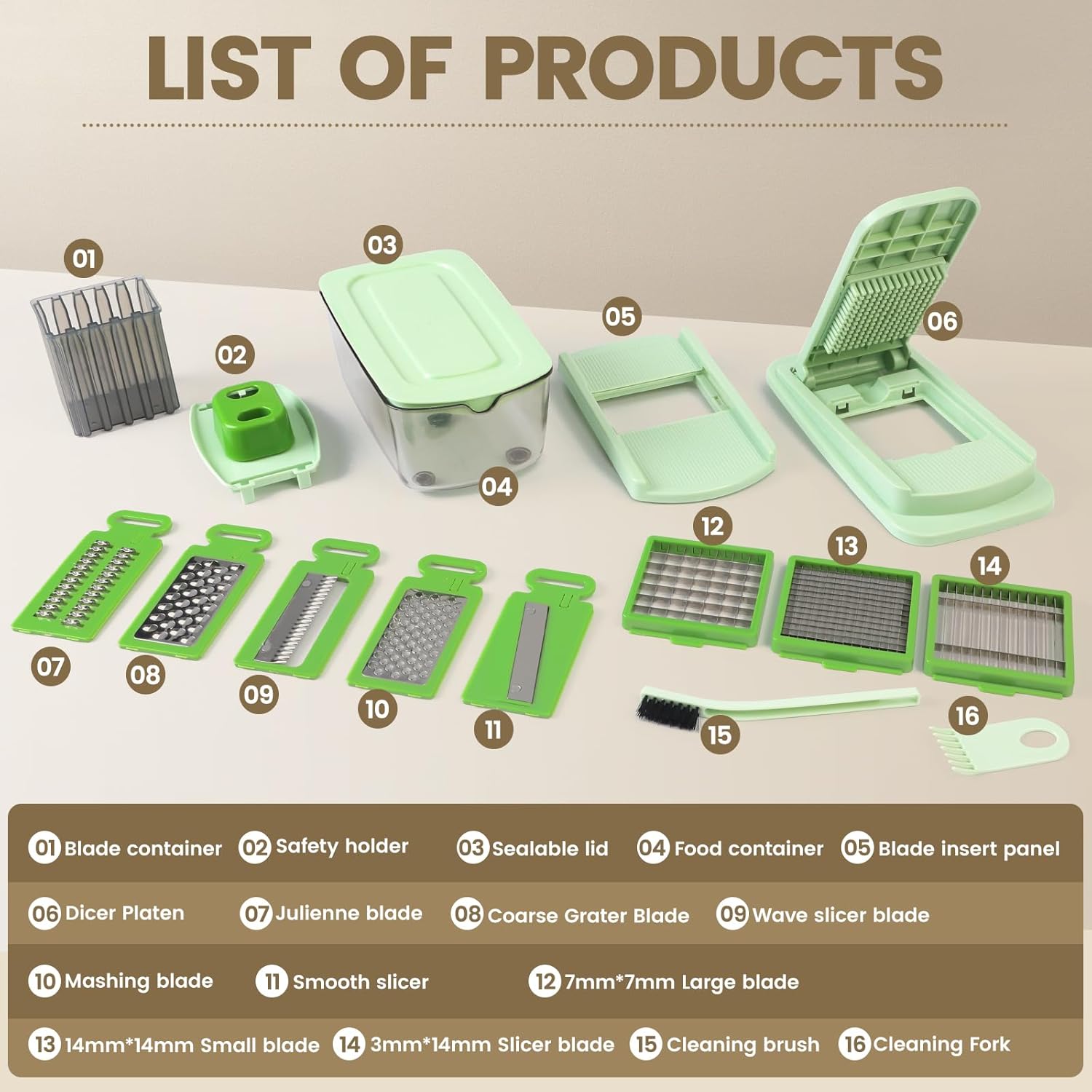 Vegetable Chopper with 8 Blades - Onion Chopper 16-in-1 with Container, Kitchen Vegetable Spiralizer Kitchen Gadgets - Home Essentials - Accessories