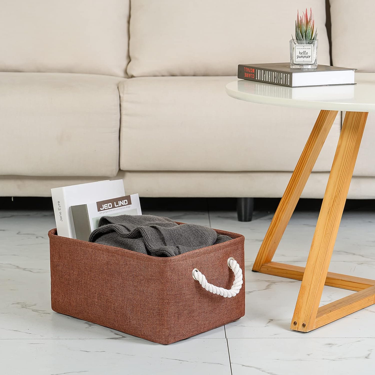 TheWarmHome Decorative Basket Rectangular Fabric Storage Bin Organizer Basket with Handles for Clothes Storage (Brown,Large-3Pack,15.7L*11.8W*8.3H)
