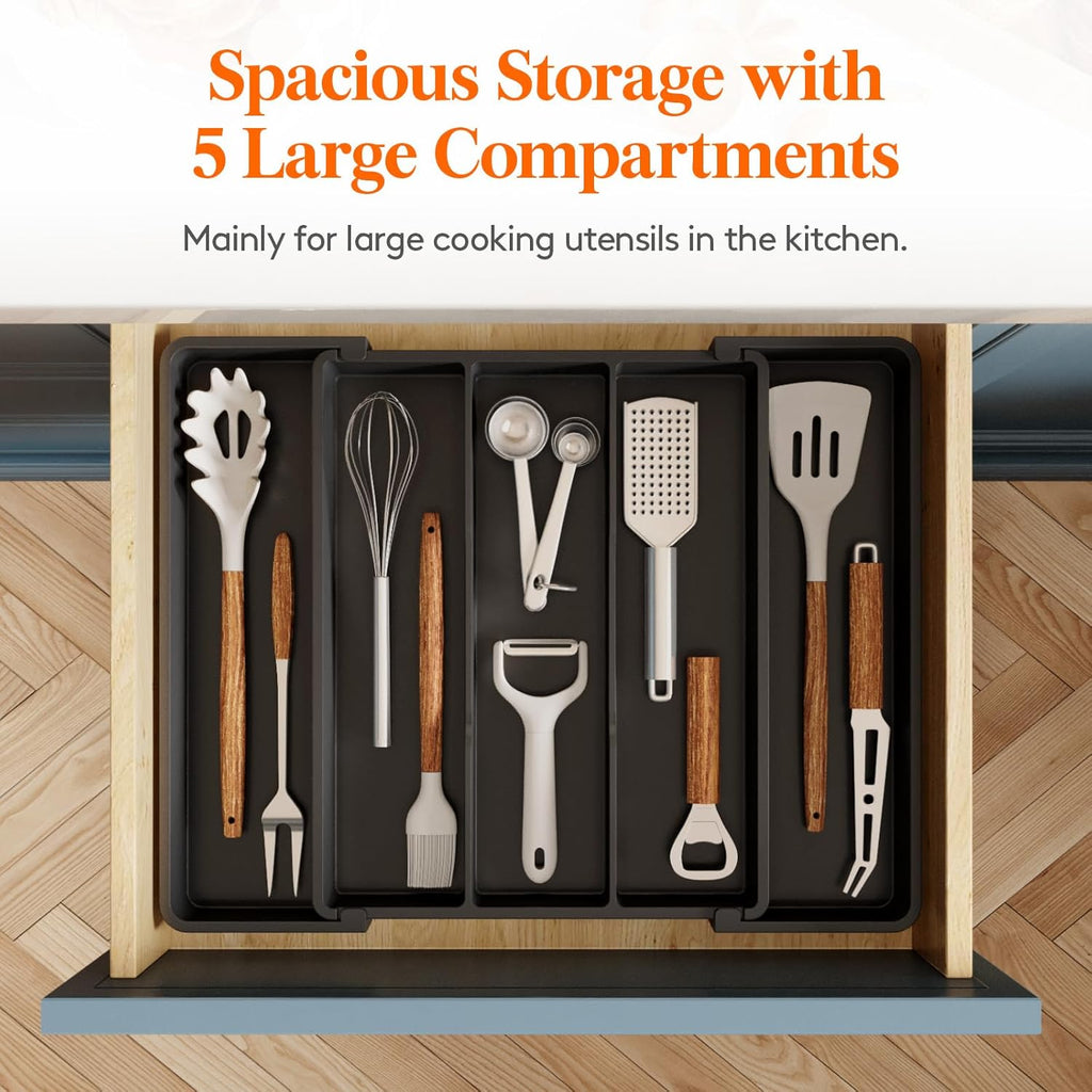 Lifewit Cooking Utensil Drawer Organizer, Expandable from 11 to 18 inches, Adjustable Cutlery Silverware Tray, Plastic Flatware Spatula Holder, Kitchen Tools Gadgets Storage Divider, Black