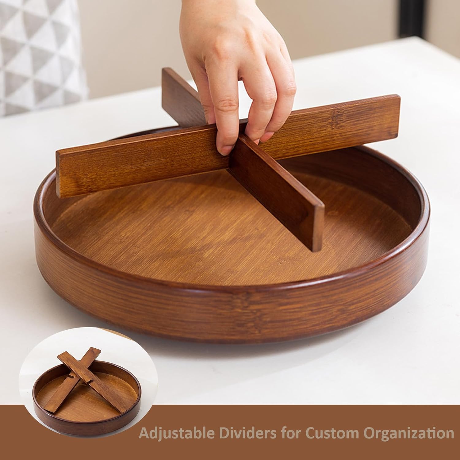 Bamboo Lazy Susan Organizer, 12'' Turntable Bamboo Tray with Removable Dividers, Rotating Spice Rack, Large Lazy Susan Turntable Organizer for Cabinet, Kitchen, Bathroom, Table