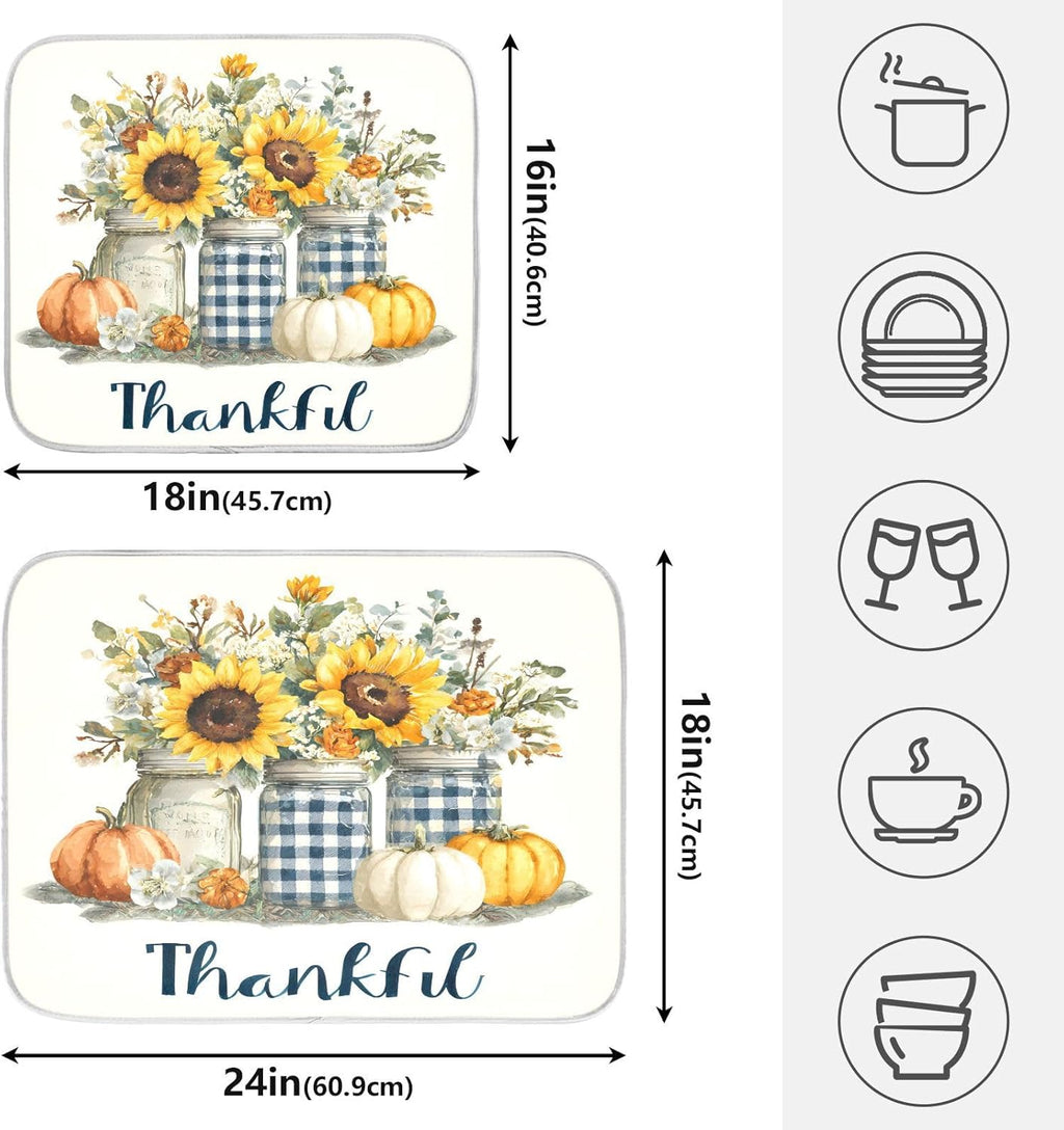 Autumn Pumpkin and Sunflower Floral Vase Dish Drying Mat for Kitchen Counter Absorbent Microfiber Large Drying Pad Dish mats for Kitchen Countertops 18 x 24 Inch