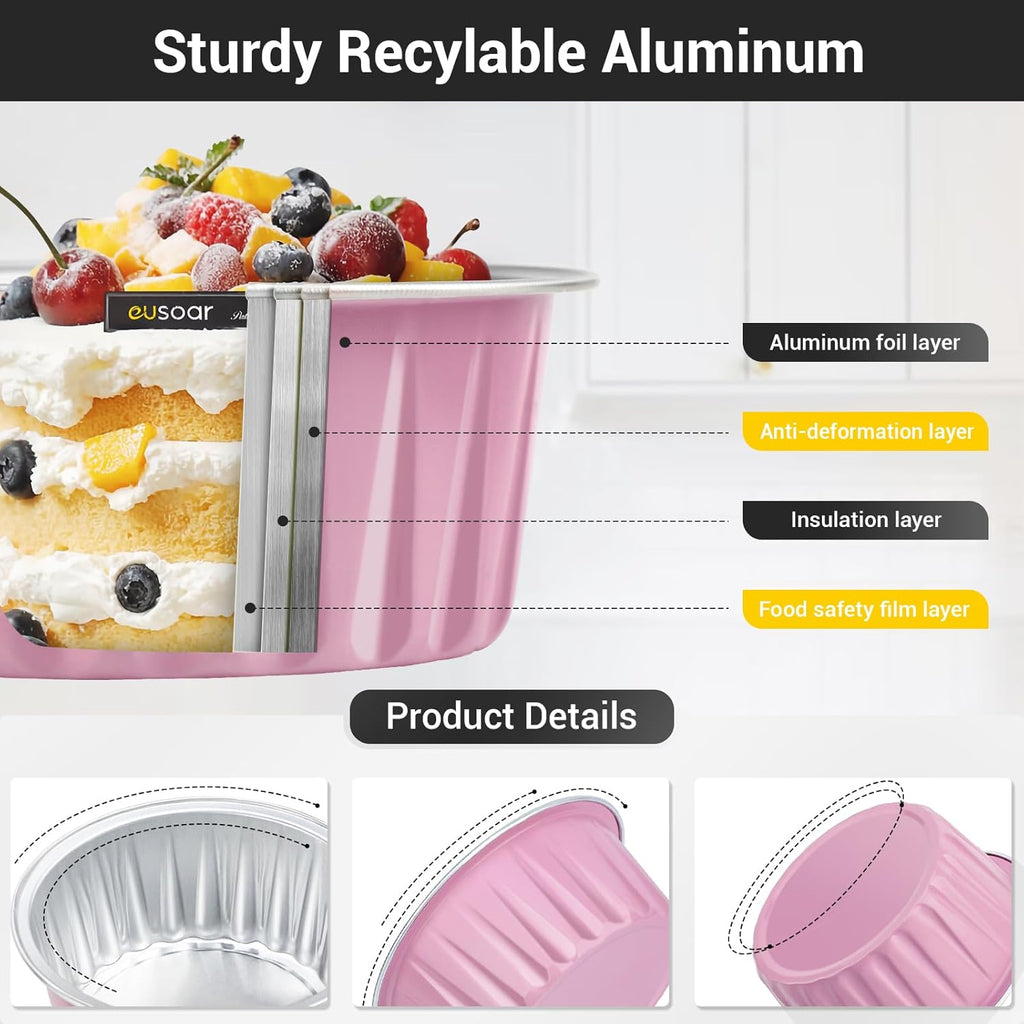 EUSOAR Baking Cups with Lids, Pink 60Packs 5oz Disposable Aluminum Foil Mini Muffin Liners, Dessert Cheesecake Pan Creme Brulee Cupcake Ramekins Containers for Catering Gathering Club Wedding Party