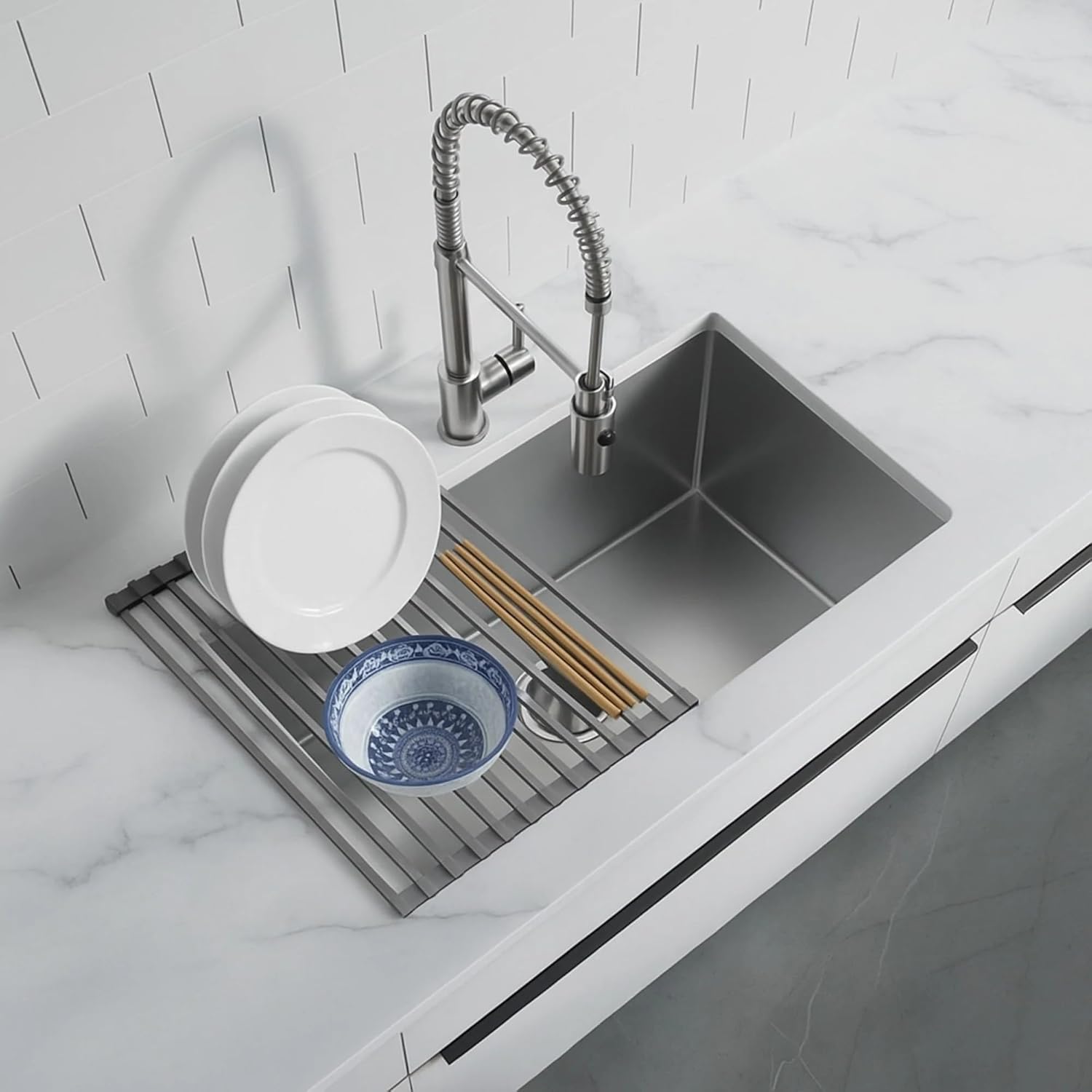 Dowell Over The Sink Roll-Up Dish Drying Rack Silicone Wrap, 17 Rods Dishwasher Safe, Food Safe, Heat Resistant, Foldable, Space-Saving, Multi-Purpose Sink Organizer for Any Surface