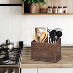 Wooden Kitchen Utensil Caddy With 2 Compartments, Rustic Utensil Holder for Kitchen Countertop, Wood Utensil Crock Organizer Box for Farmhouse Kitchen Decor (brown)