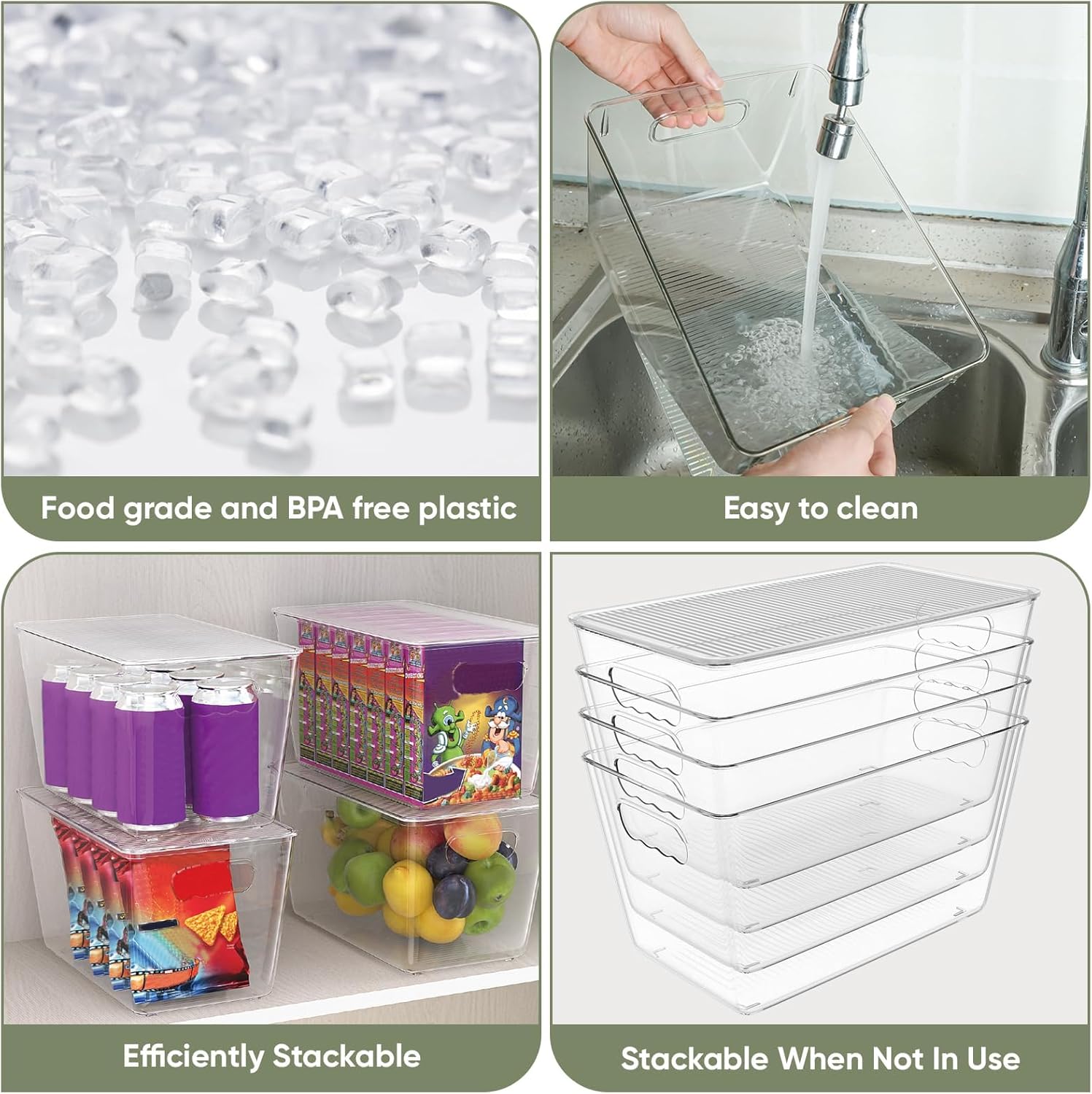 BALEINE Clear Stackable Storage Bins with Lids, Plastic Containers with Handle for Pantry Organizers and Storage, Plastic Bins for Fridge, Kitchen, Bathroom, Cabinet (13x7.4x7, 4PK)