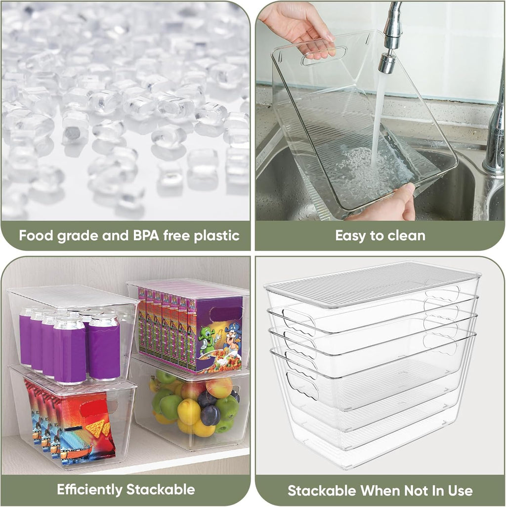 BALEINE Clear Stackable Storage Bins with Lids, Plastic Containers with Handle for Pantry Organizers and Storage, Plastic Bins for Fridge, Kitchen, Bathroom, Cabinet (13x7.4x7, 6PK)