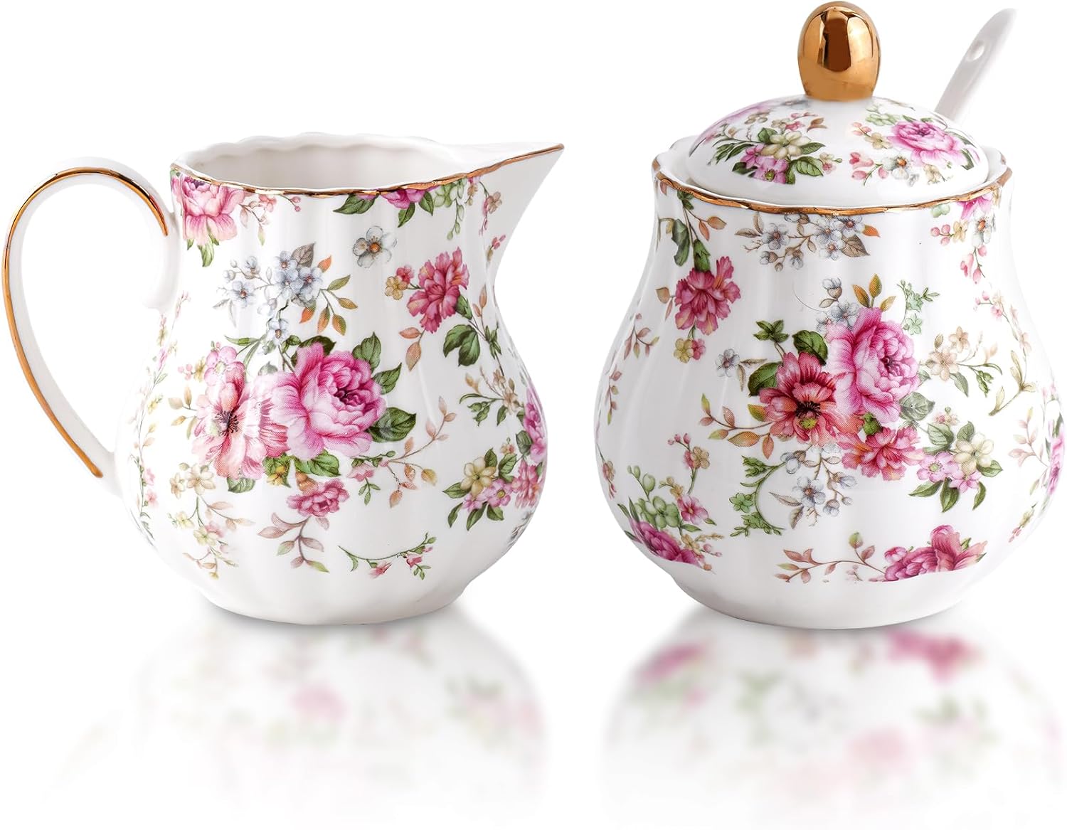 Ceramic Sugar and Creamer Set, 3 Piece Set with Cream Pitcher, Sugar Bowl, Sugar Set with Lid and Spoon (White with flower)