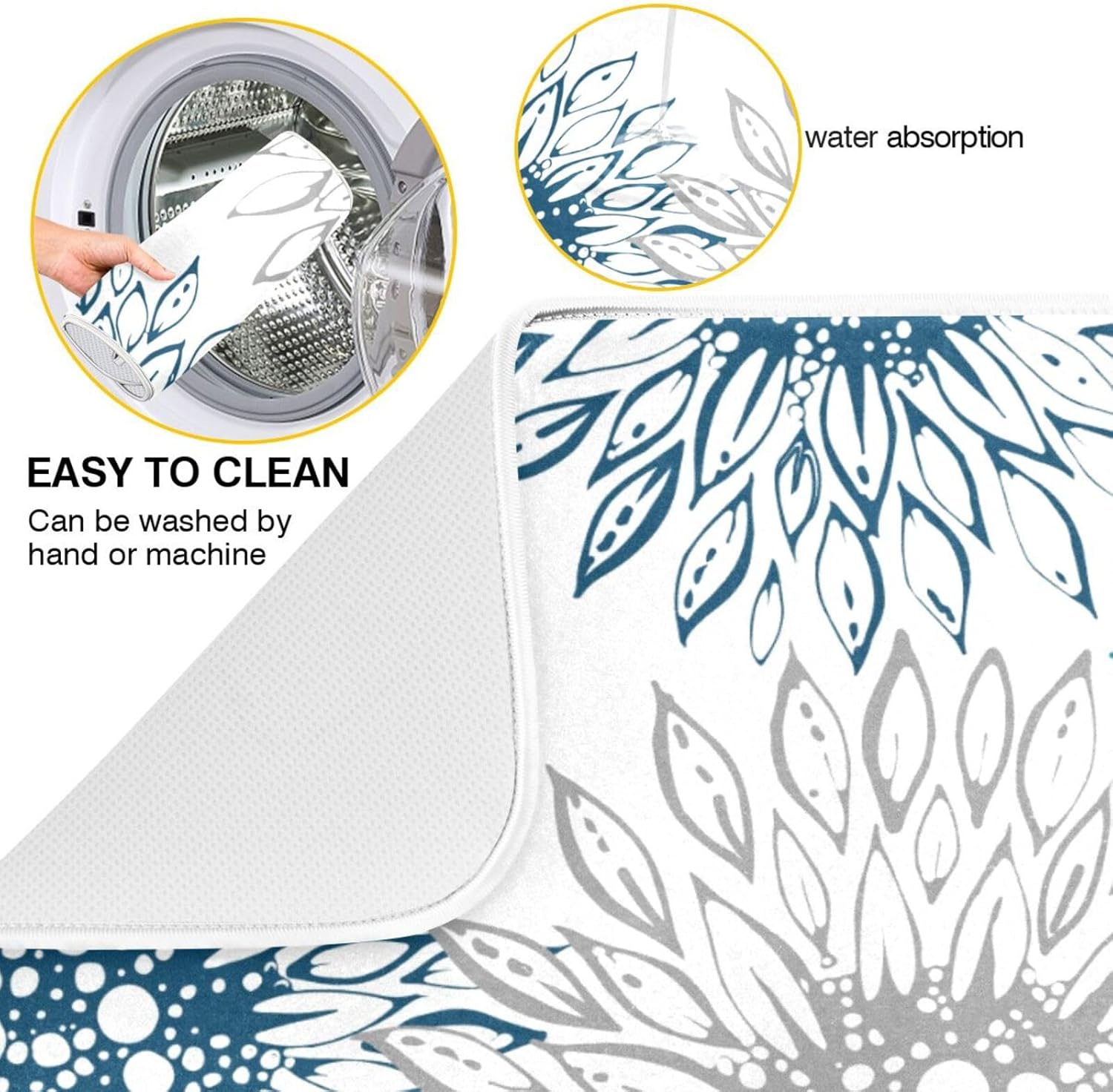 Abstract Flowers Sunflowers Dish Drying Mat for Kitchen Counter Absorbent Microfiber Drying Pad, Medium 16x18 in, Blue White Reversible Drainer Mats