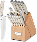 KUISINE Knife Set High Carbon Stainless Steel Sharper Blade Ergonomic Handle,Knife Block Set with Built-in Sharpener 2025 Upgraded (Ivory Pro Acacia,15PCS)