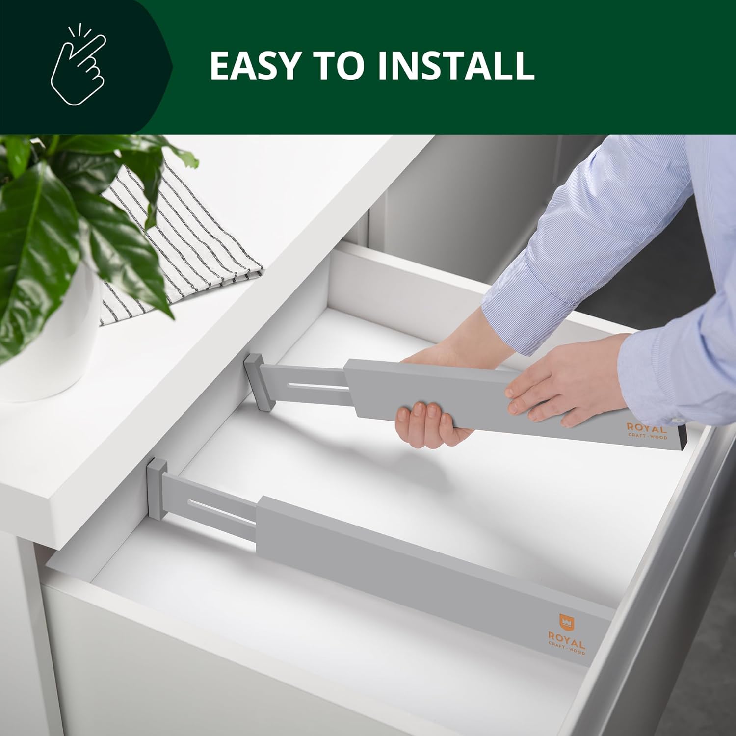 ROYAL CRAFT WOOD Adjustable Bamboo Drawer Dividers Organizers - Expandable Drawer Organization Separators For Kitchen, Dresser, Bedroom, Bathroom and Office, 4-Pack (Large (up to 22")) (Gray)