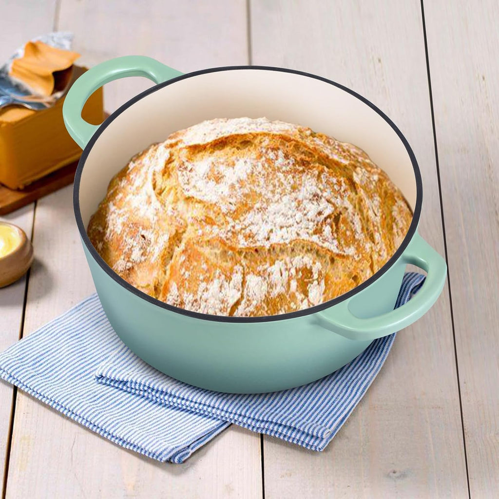 E-far 3 Qt Enameled Cast Iron Dutch Oven with Lid, Small Round Nonstick Dutch Oven Pot for Bread Baking Braising Stews Roasting Cooking, Heavy Duty, Induction & Oven Safe - Sage Green