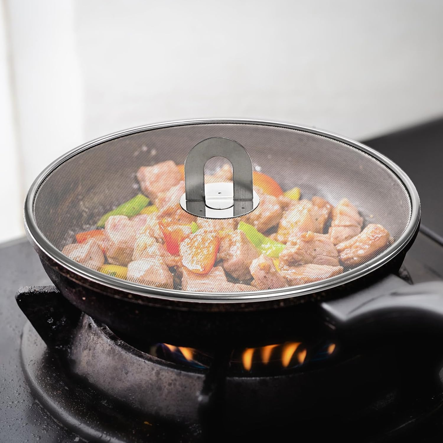 Splatter Screen for Cooking - Stainless Steel Grease Splatter Guard for Frying Pan with Foldable Knob, As a Strainer Set of 3(10", 11.5", 13"), Dishwasher Safe