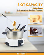Electric Fondue Pot Set for Cheese & Chocolate - 6-Cup Stainless Steel Fondue Pot with 8 Coded Forks - 3 Mode Fondue Set Adjustable Temperature Control for Cheese, Oil and Hotpot, FD-10