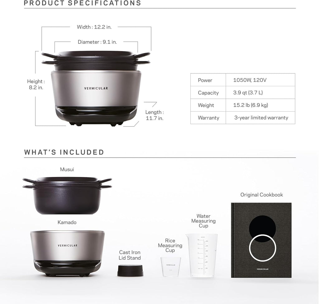 Vermicular Musui–Kamado (RICEPOT) | Cast Iron Induction Cooker | Precision Multicooker | Japanese Rice Cooker | Slow Cooker | Non-Toxic Enameled Cast Iron Pot | Matte Black & Silver | US Model (120V)