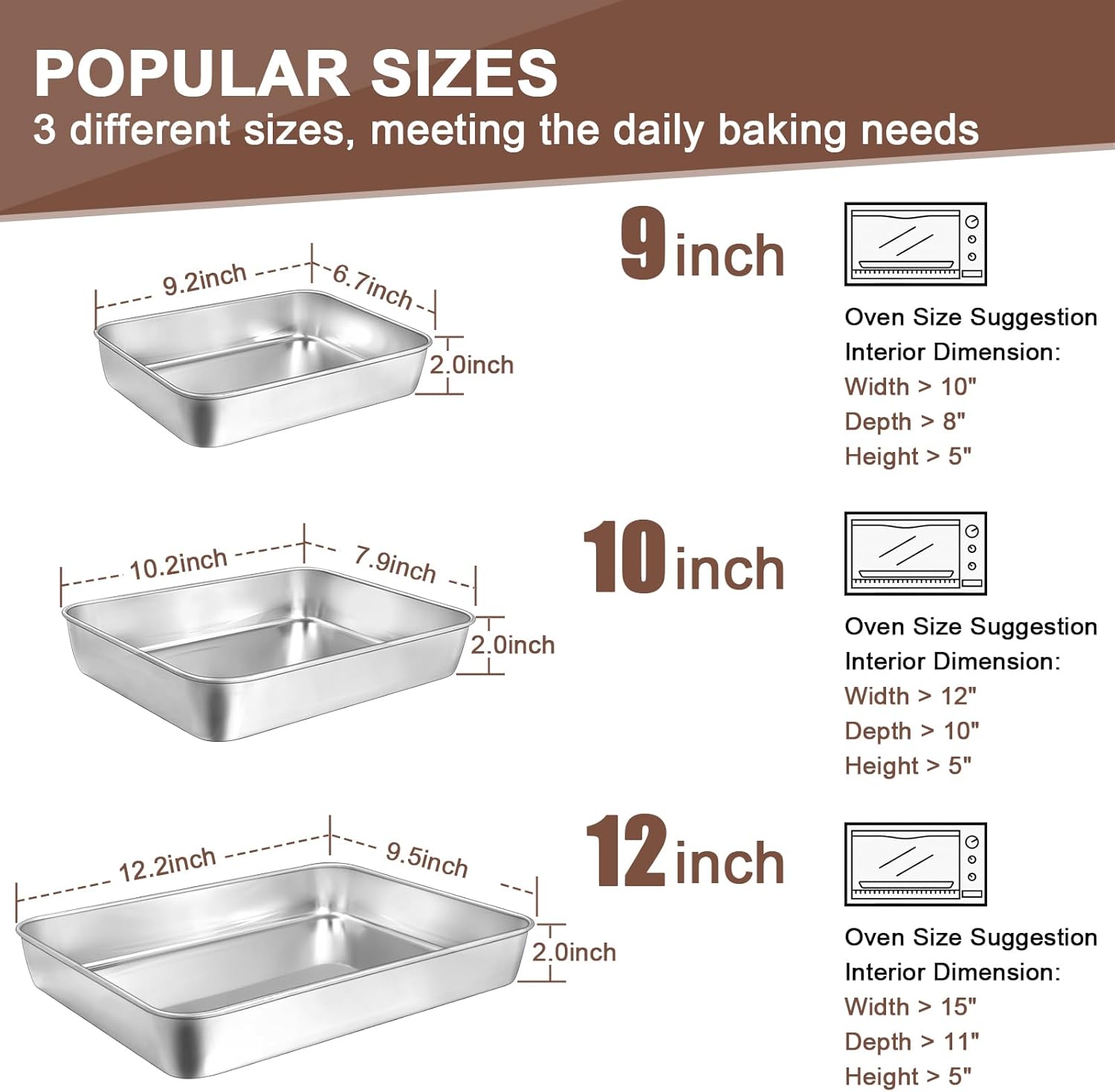 Baking Pans Set of 3, Commercial Grade Stainless Steel Cookie Pan for Baking, 12/10/9 Inch, Rectangle Bakeware Set for Cakes Breads Lasagna Casseroles, Rust & Warp Resistant & Nonstick, Heavy Duty