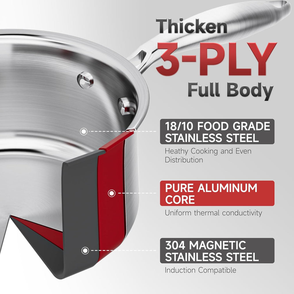 2.5 Quart Stainless Steel Saucepan with Glass Strainer Lid, Thicken Tri-ply Full Body, Multipurpose Sauce Pot with Two-Size Drainage Holes Lid, Perfect For Boiling Gravies, Pasta, Noodles