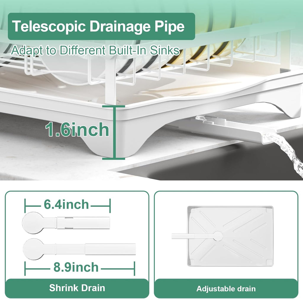 Dish Drying Rack,Dish Racks for Kitchen Counter, Metal Dish Drainer with Adjustable Drainage Spout, Removable Knife and Fork Holder (White)