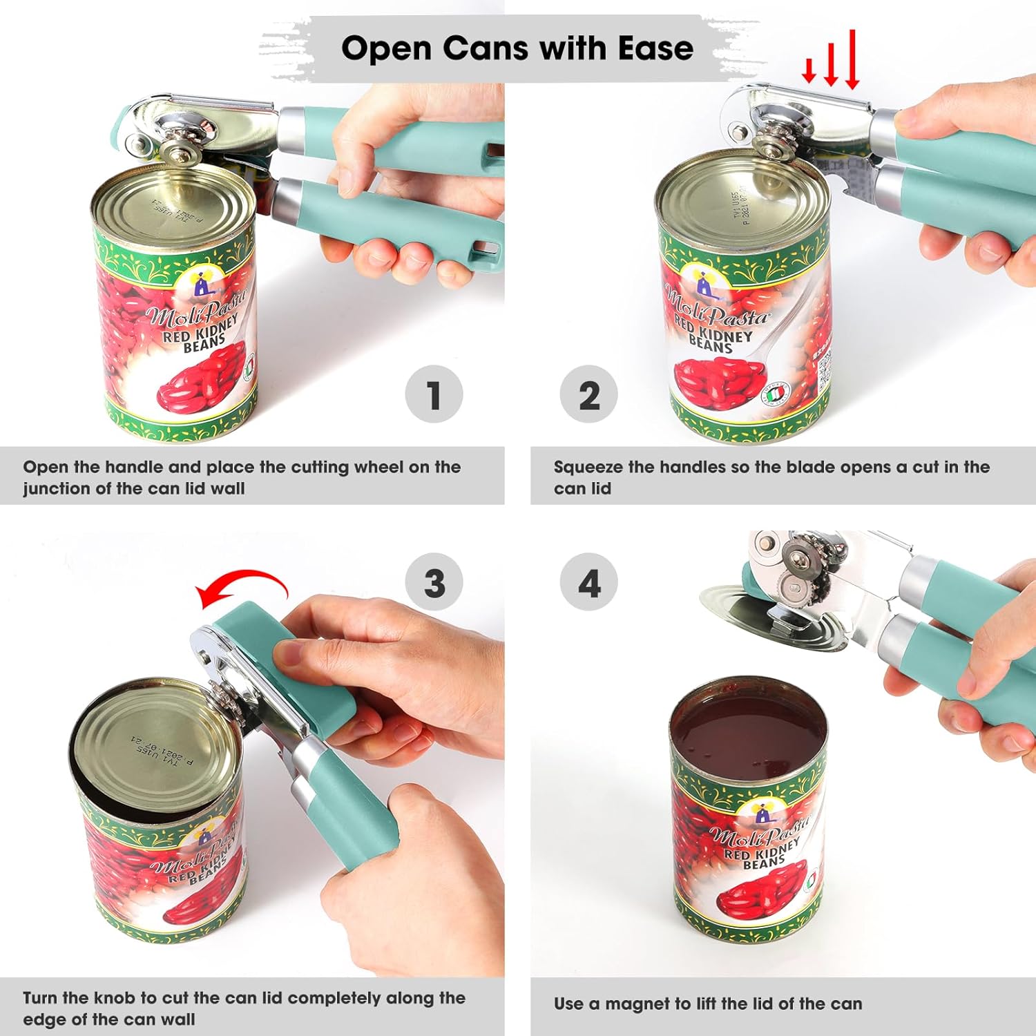 Beneno Can Opener Manual with Magnet, Hand Held Heavy Duty Can Opener with Durable Sharp Blade Smooth Edge, Big Effort-Saving Knob, Soft Grip Rubber Handle, Multifunctional Bottle Opener, Mint
