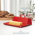 Butter Dish with Lid for Countertop, by Kook, Ceramic Dish Tray with Cover, Kitchen Keeper, Container, Holder, Holds 1 Stick, Microwave and Dishwasher Safe, Red
