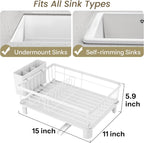 Dish Drying Rack - Small Dish Rack for Kitchen Counter, Stainless Steel Dish Drainer with Utensil Holder and Drainboard (White)
