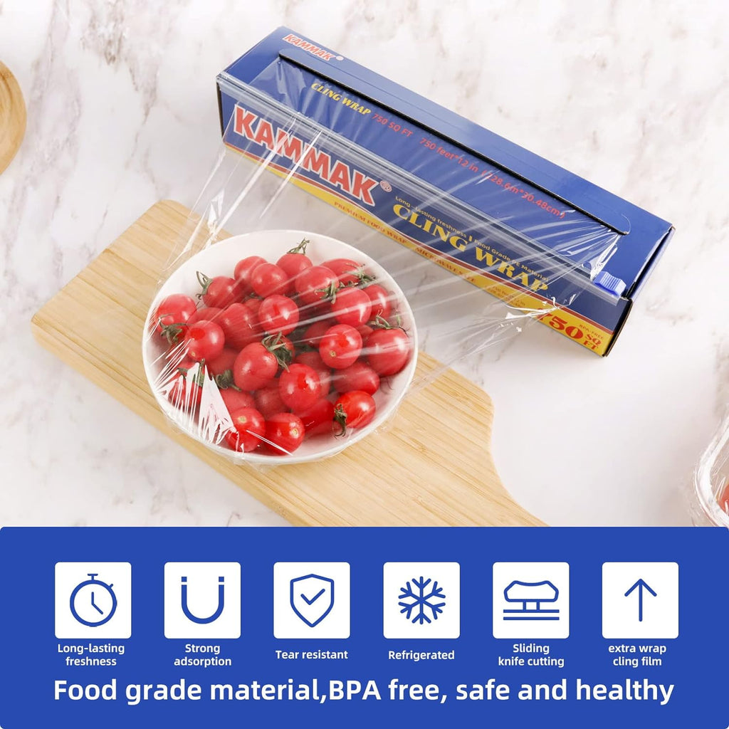 KAMMAK Plastic Food Wrap with Slide Cutter Kitchen Cling Wrap 12 inch Professional BPA Free Polyethylene Materials Quick Cut 750 Ft Food Service Cling Film Wrap for Restaurant