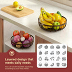 2 Tier Fruit Basket for Kitchen Counter with 2 Banana Hangers, Metal Stackable Fruit Bowl for Kitchen Counter for Bread Vegetable Fruits, Brown