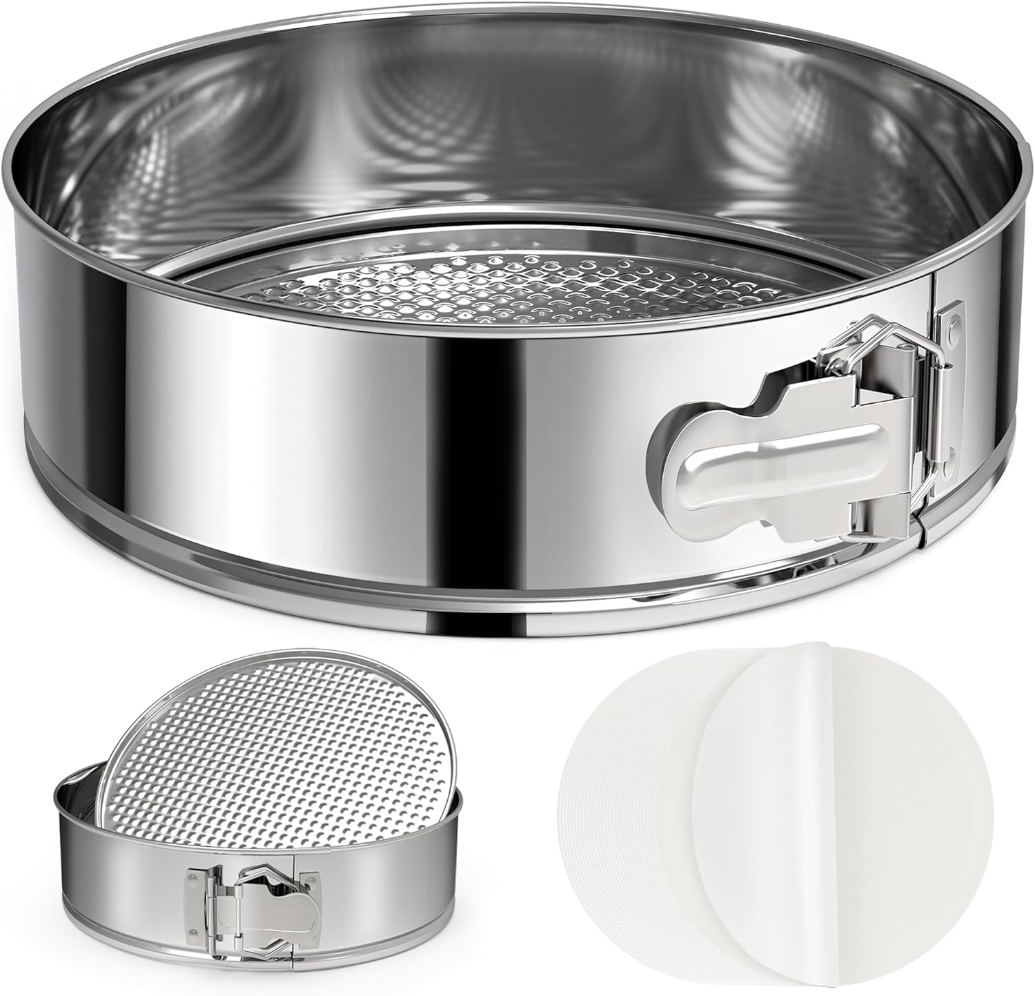 7 Inch 304 Stainless Steel Springform Pan with Removable Bottom, Nonstick Round Spring Form Cheesecake Pan with 30 Pcs Parchment Paper Liners