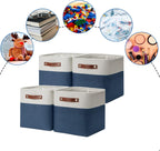 DULLEMELO [Set of 4 Storage Cubes Baskets for Organizing, 11 x 11 x 11 inch Cube Storage Organizer Bins with Leather Handles, Foldable Fabric Cloth Bins for Cube Storage(4 Pack - 11" White&Blue)
