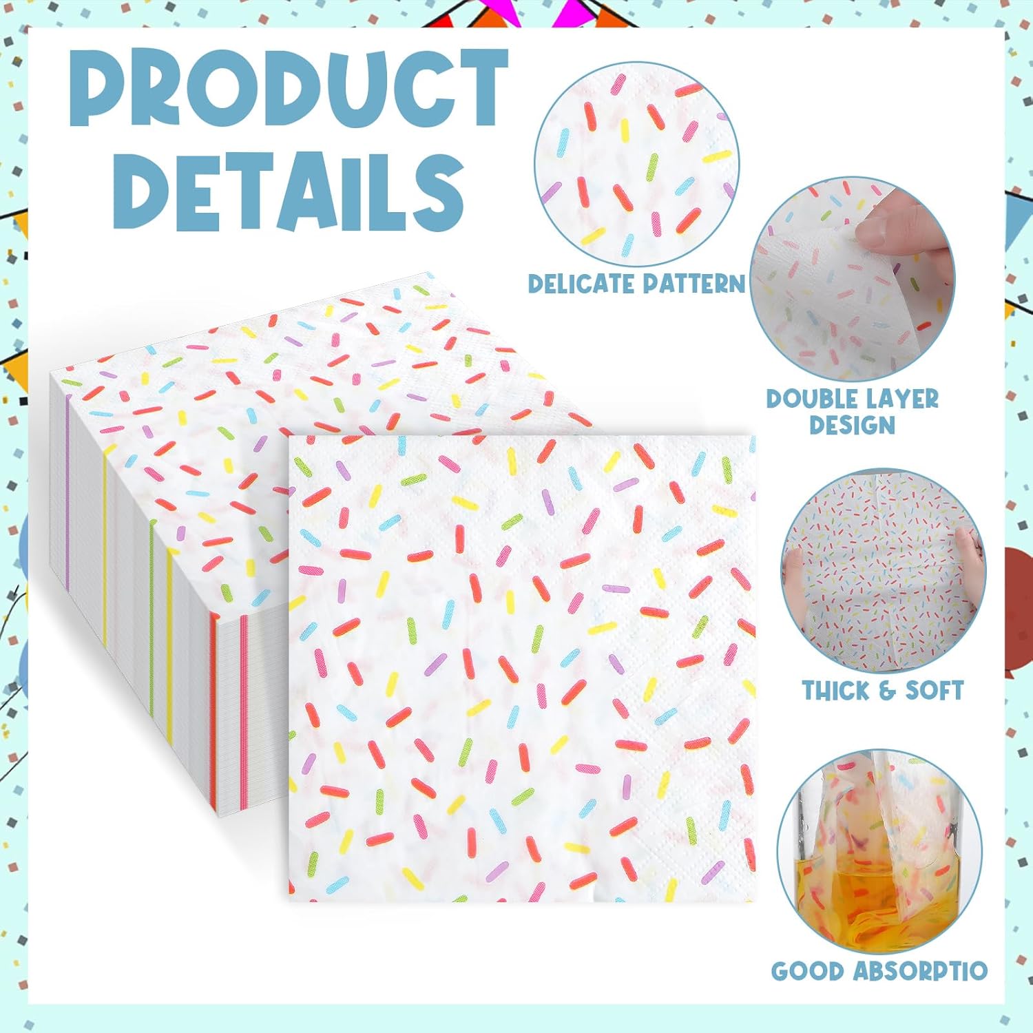100 Pcs Sprinkles Napkins 2 Ply Disposable Paper Napkins for Baby Shower Birthday Party Theme Table Decor Supplies(White,Donut)