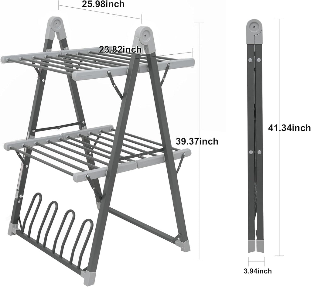 Electric Heated Clothes Drying Rack,Foldable Heated Garment Dryer with Timer Shut-Off Laundry Rack for Clothes Shoes Socks,Aluminum Alloy,Space Gray,Plug & Play,(39.37x25.98x23.82in)