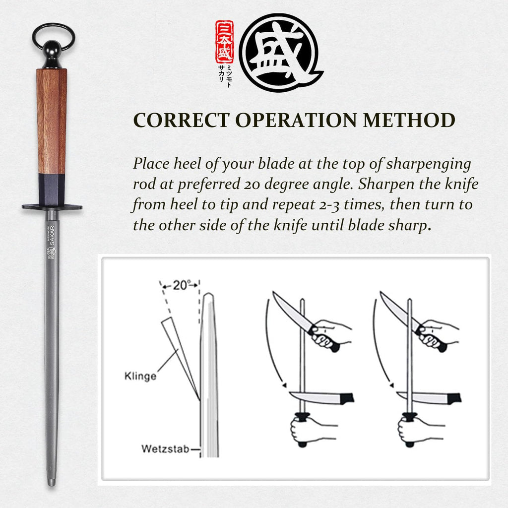 MITSUMOTO SAKARI 10 Inch Round Honing Rod, Japanese High Carbon Honing Steel (Sourwood Handle)