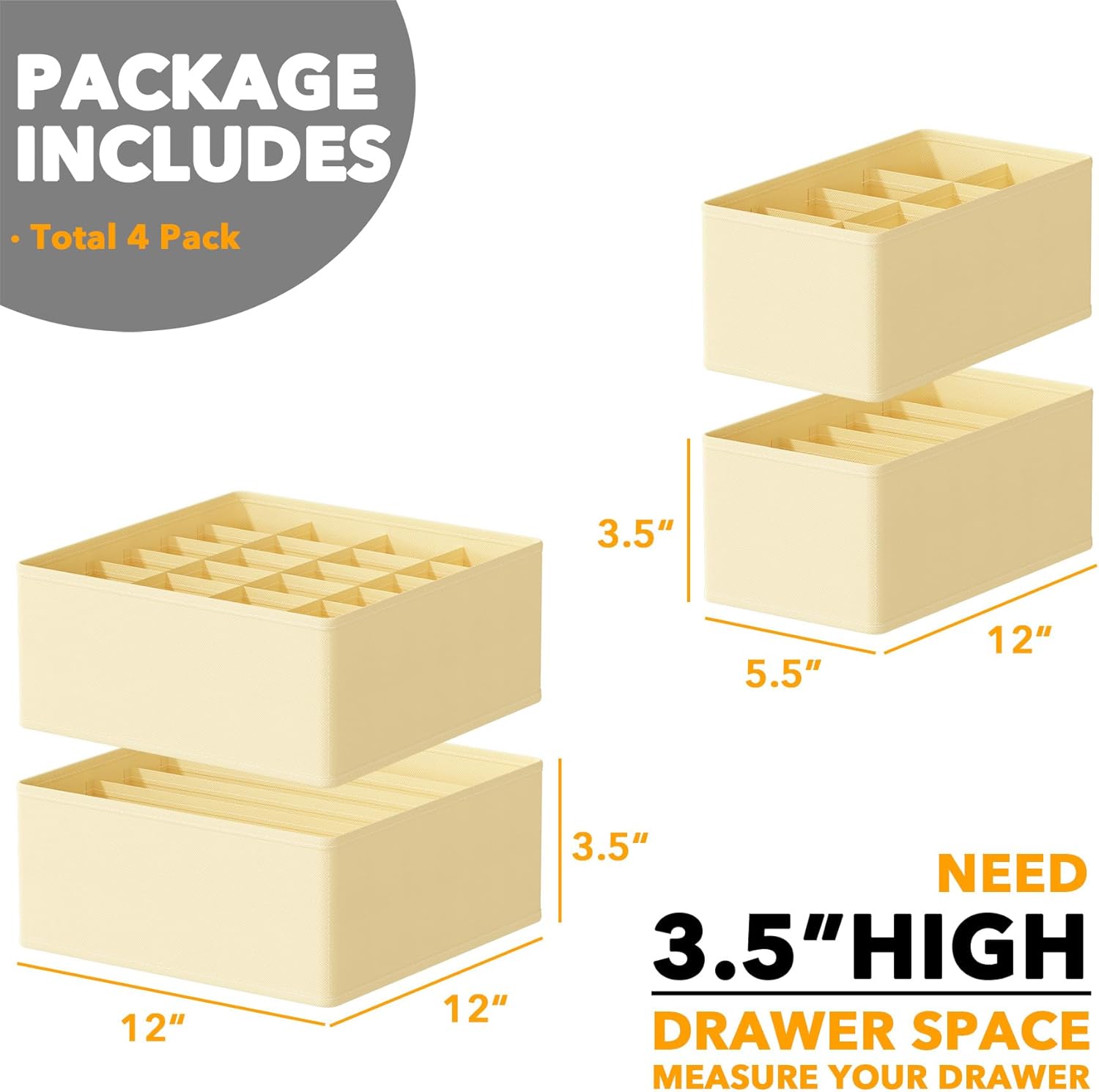 SpaceAid Underwear Drawer Organizer, 4 Pack Dresser Organizer Bins for Nursery, Closet Organization and Storage with Dividers for Baby Clothes Socks Bra Ties Scarf (Beige)