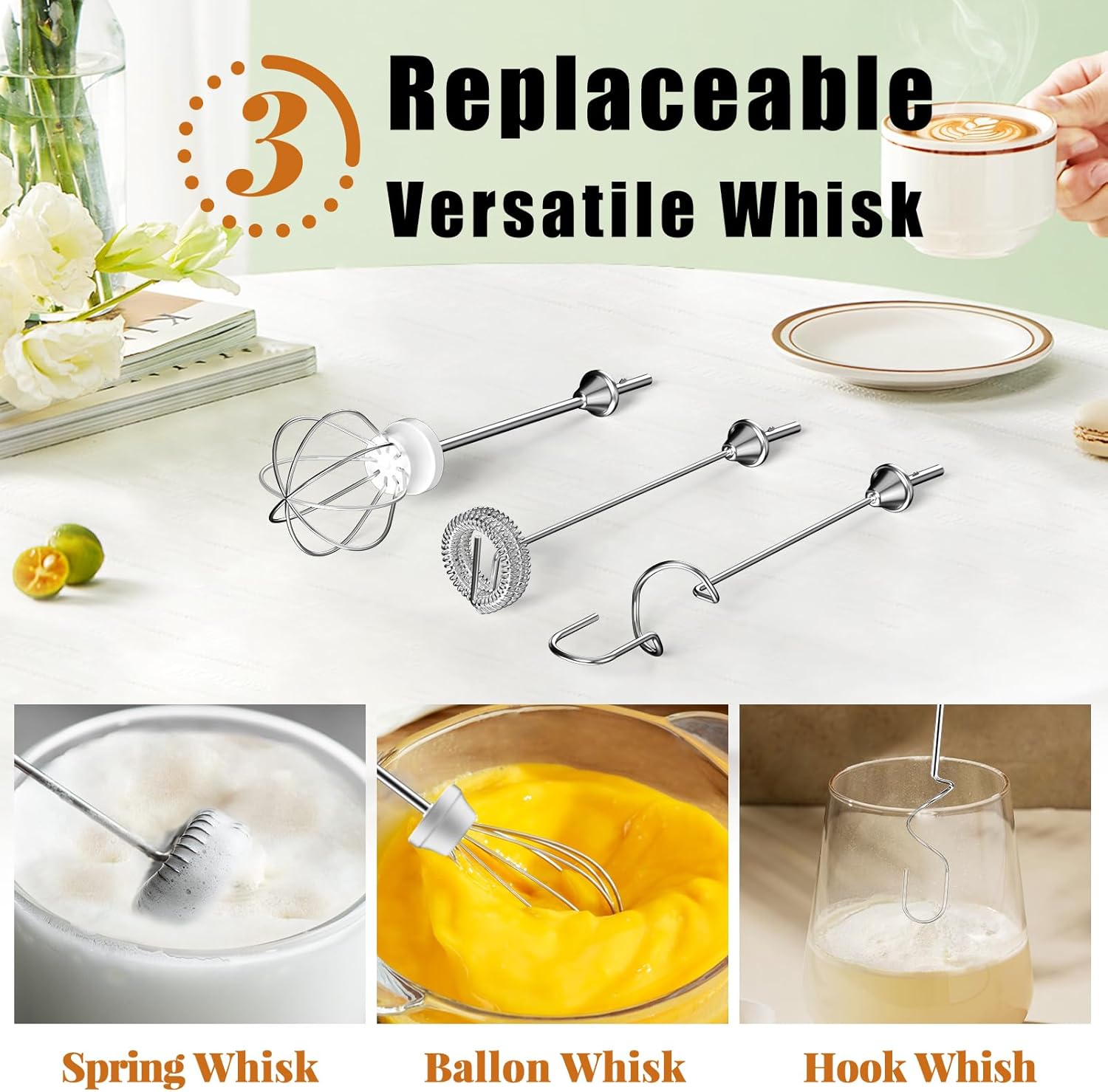 Nahida Beige Milk Frother Wand for Coffee, Frother Handheld Rechargeable Electric Whisk with 3 Heads 3 Speeds Drink Mixer Coffee Frother Foam Maker For Latte, Cappuccino, Hot Chocolate, Egg