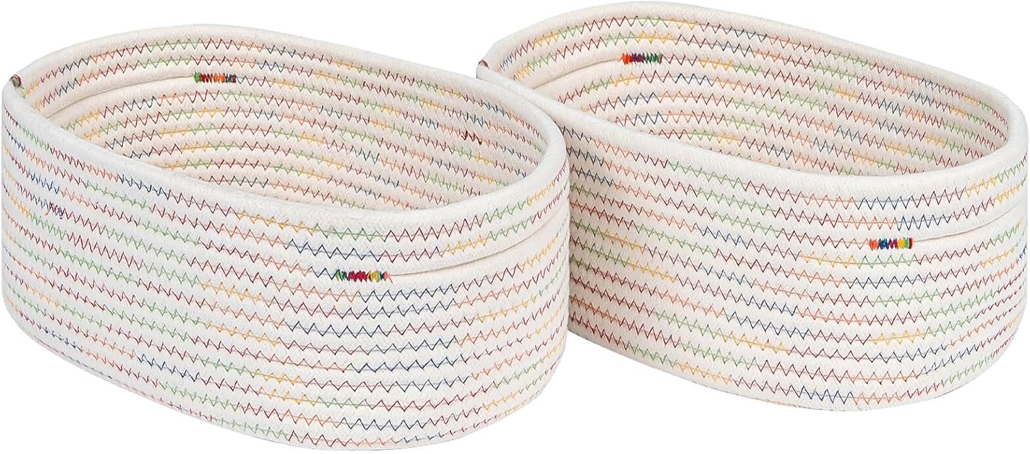 CubesLand Small Woven Baskets,Cute Baskets or Shelf Set 2,Cube Organizer Basket Bin,Soft Toys Storage Basket,Baby Nursery Basket Bin,Home Decor 12"D x 8"W x 5"H Rainbow Stitches