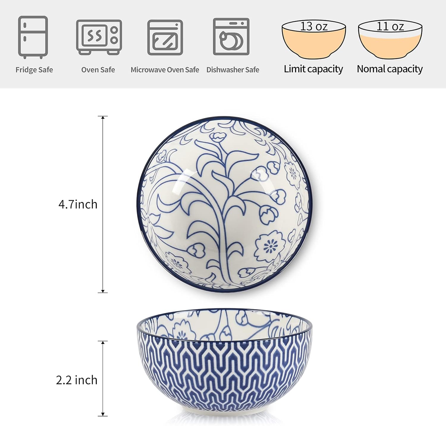 Selamica Ceramic 12 OZ Dessert Bowls Set, Ice Cream Bowls, 4.7 Inch Small Bowls for Snack, Side Dishes, Rice, Microwave Dishwasher Safe, Set of 6, Vintage Blue