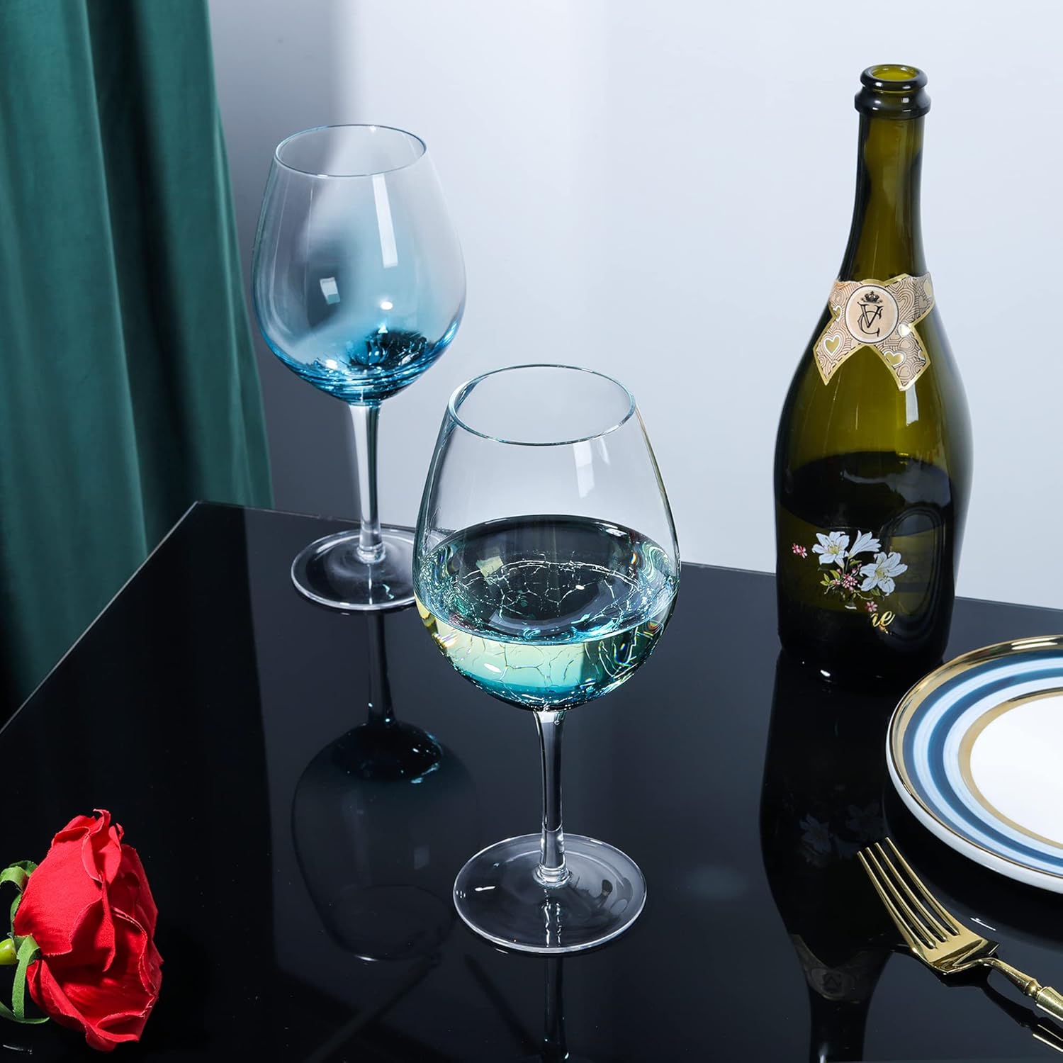 Joeyan Handmade Blue Crackle Wine Glasses,Large Crystal Burgundy Wine Glass Cup with Stem,Red White Wine Goblet Tumbler,Aesthetics Glassware Collection,Set of 2,21 oz