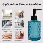 12Oz Small Glass Soap Dispenser with Black Plastic Pump, Blue Refillable Kitchen Countertop Liquid Hand Soap Dispensers with Diamond Design, Crystal Bathroom Lotion Bottle for Dispense Dish Soap