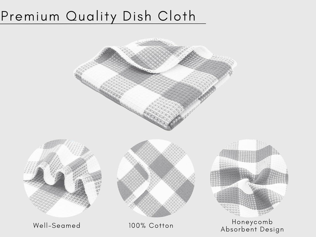 PurpleEssences Waffle Weave Plaid Dish Cloths, 100% Cotton - 12 x 12 Inches, Ultra Soft Absorbent Quick Drying Dish Towels Buffalo Check Dish Rags for Kitchen, 8 Pack - Spring Summer - Grey & White