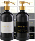 16oz Glass Soap Dispenser with Stainless Steel Pump, 21 Waterproof Labels, Non-Slip Protective Silicone Pad, Set of 2 for Bathroom & Kitchen (Gloss Black Bottle/Brushed Gold Pump)