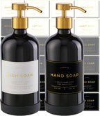 16oz Glass Soap Dispenser with Stainless Steel Pump, 21 Waterproof Labels, Non-Slip Protective Silicone Pad, Set of 2 for Bathroom & Kitchen (Gloss Black Bottle/Brushed Gold Pump)