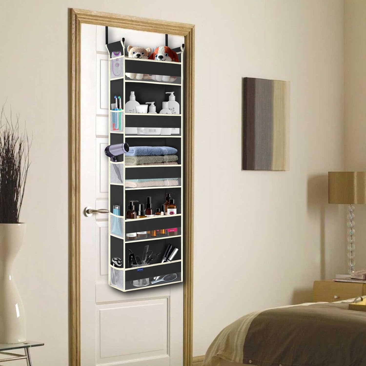 2 Pack Over The Door Hanging Organizer 5-Shelves and 10 Side Pockets, Over The Door Storage for Bathroom and Bedroom, Back of Door Organizers for Kid's Toys (13"x5"x44", Black)