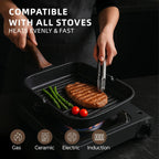 Kikcoin Nonstick Grill Pan for Indoor Cooking，9.5 Inch Versatile Griddle for Stove Tops Steak Pan with Pour Spouts