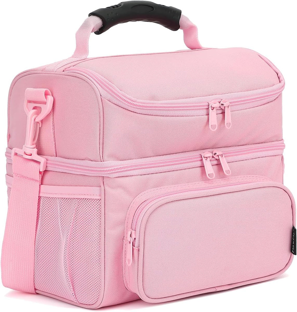 FlowFly Double Layer Cooler Insulated Lunch Bag Adult Lunch Box Large Tote Bag for Men, Women, With Adjustable Strap,Front Pocket and Dual Large Mesh Side Pockets